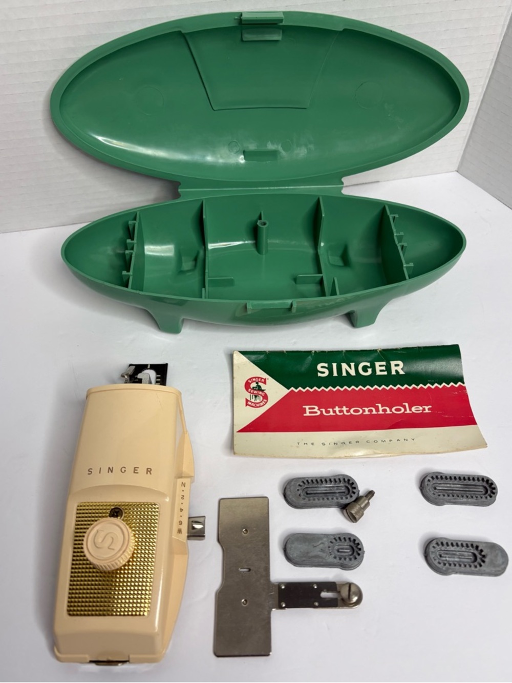 Singer Green Buttonholer Storage Case with Vintage Singer Buttonholer Kit